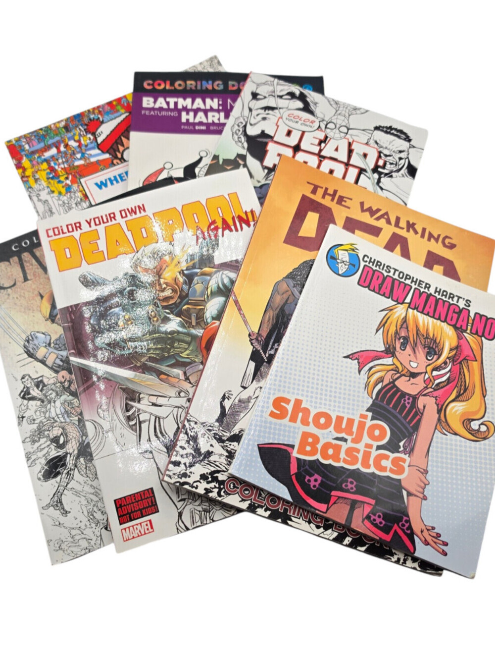 Lot of 7 Adult Coloring Books Comic Theme Deadpool Batman Walking Dead etc